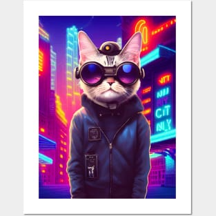 Techno Cat In Japan Neon City Posters and Art